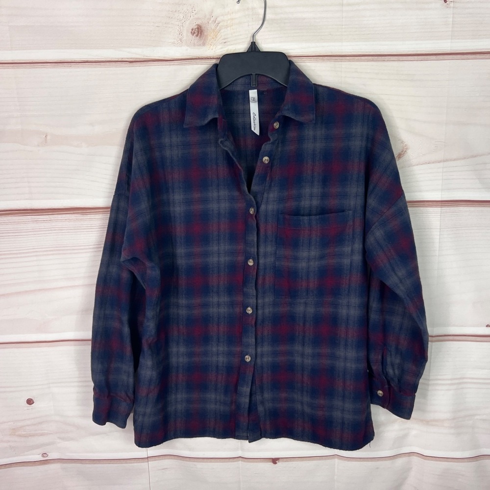 NY Collection Top Womens M Red Blue Plaid Shirt Button Up Cotton Flannel Pocket